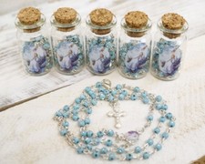 12 PC Blue Glass Bottle Rosary Baptism Favors Boy Recuerdos Bautizo Rosario