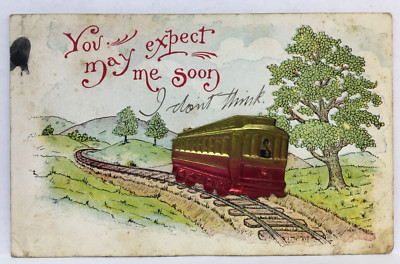POSTCARD You May Expect Me Soon Trolley Train Made of Metal Add-On 3D Streetcar