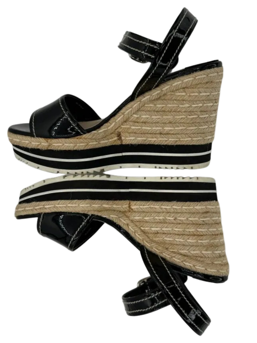 PRADA Black Patent Leather Espadrille Wedge Ankle Strap Sandals image 6