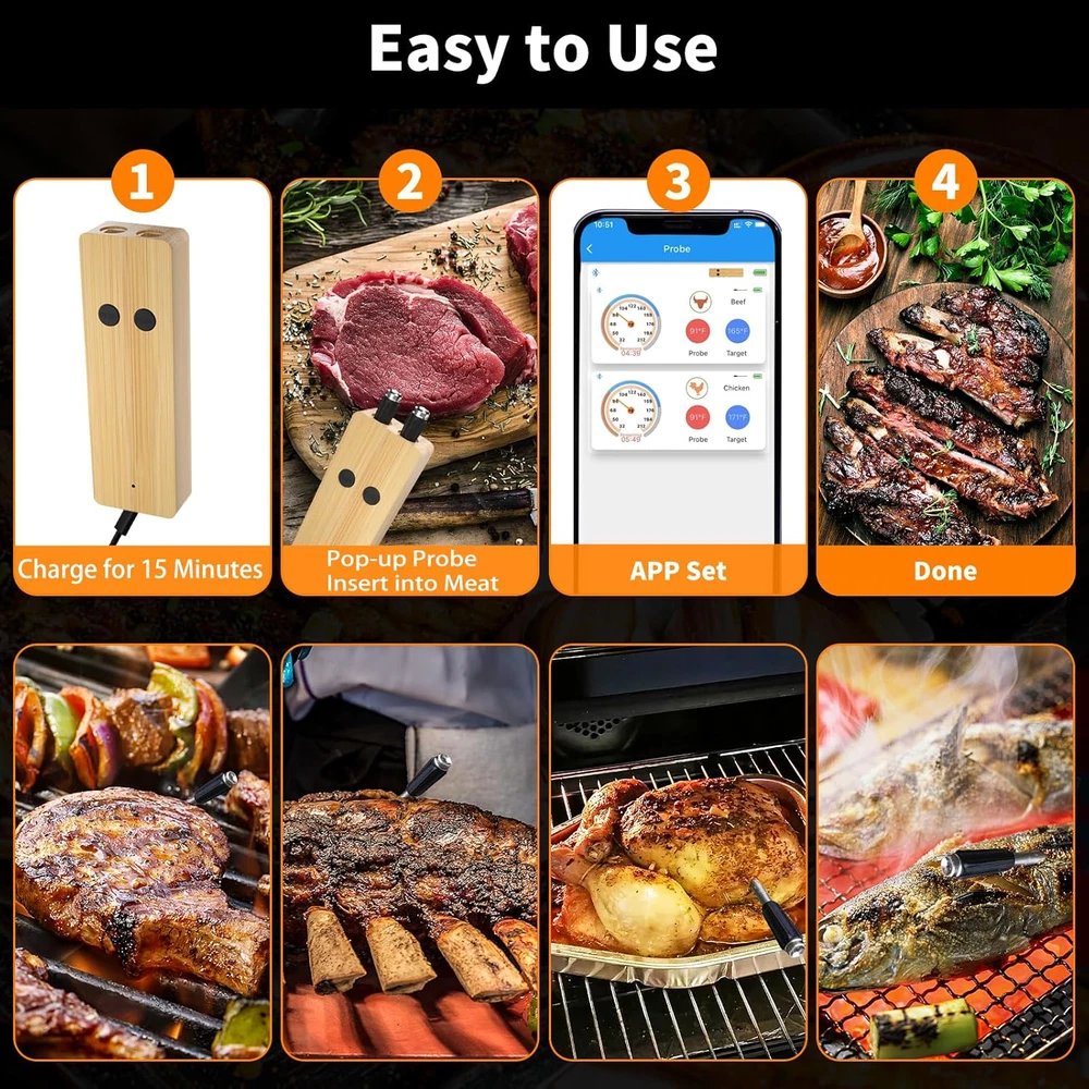 Wireless Meat Thermometer with 2 Thinner Probes for Grilling and Smoking, Smart