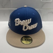 New Era 59FIFTY Milwaukee Brewers Brew Crew Blue Songbird Sand Hat Size 7 1/8