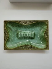 Vtg Mid Century Ashtray. Green Ceramic. 9x6".