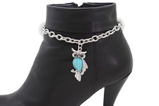Women Silver Metal Chains Boot Bracelet Shoe Turquoise Blue Bead Owl Bird Charm