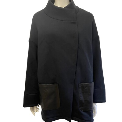 Cuyana Fleece High-Low Jacket with Patch Leather Pockets Black