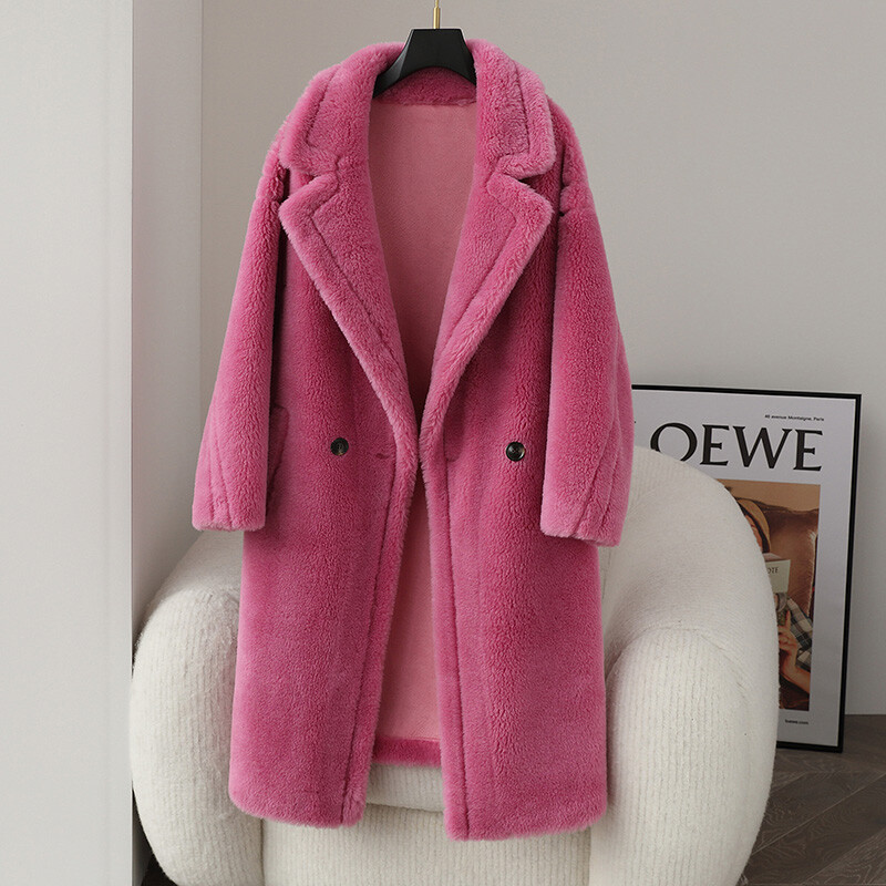 Fashion Womens Teddy Coat Medium Long Sheep Shearing Wool Coat Lamb Fur