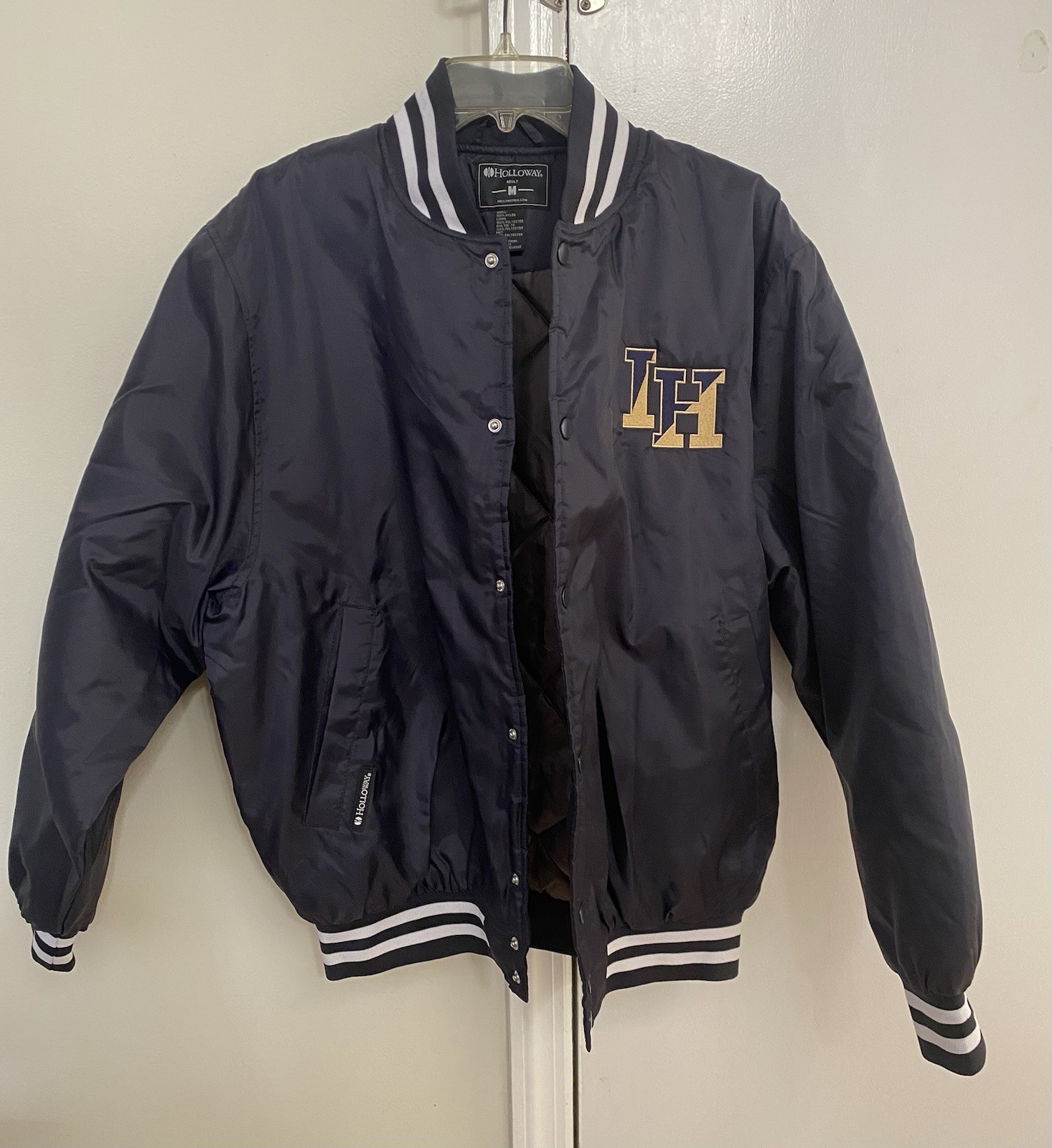 Holloway Mens Varsity Bomber Jacket. Navy Blue. Size M.