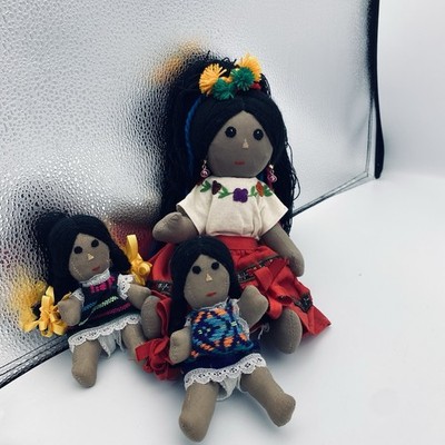 Native-American/ Mexican Handmade Cloth Dolls Articulated￼ Mom & 2 Daughters