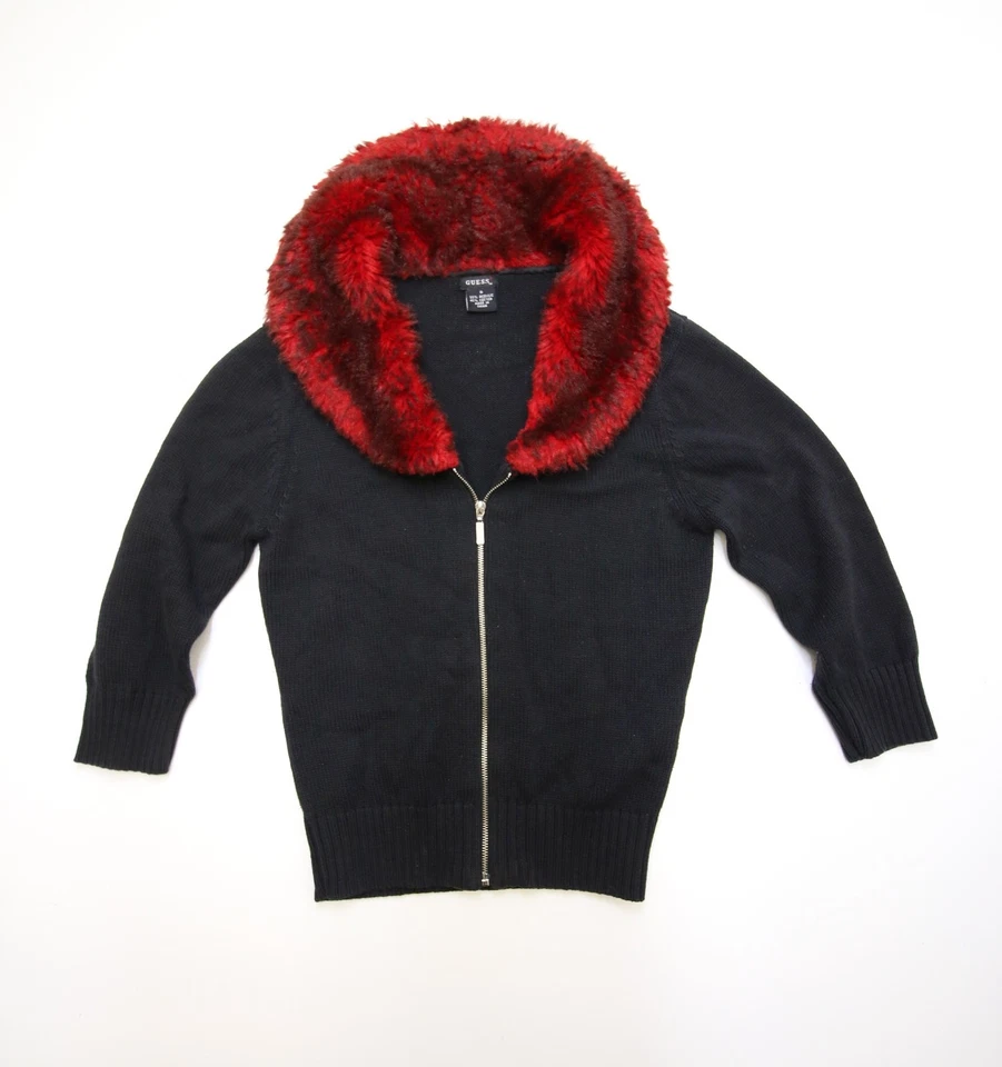 Suéter de punto con cremallera de piel roja sintética Guess vintage para mujer pequeño negro punk rock glamuroso Foto 4 de 4