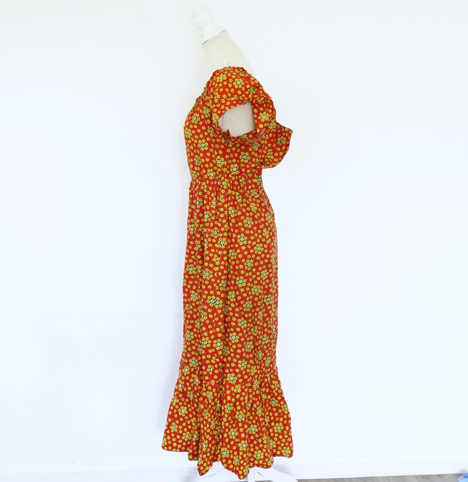 Vintage 70s Red Floral Cotton Short Sleeve Hippie Maxi Dress M- READ