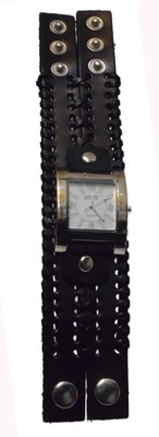 GIOVANI: PUNK BLACK LEATHER STYLE CROSS STRICH BAND SQUARE CASE ANALOG WATCH