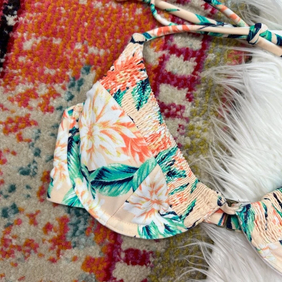 Tori Praver Pink Smocked Tropical Floral Halter Bikini Top Swimsuit XS - Image 3 of 4