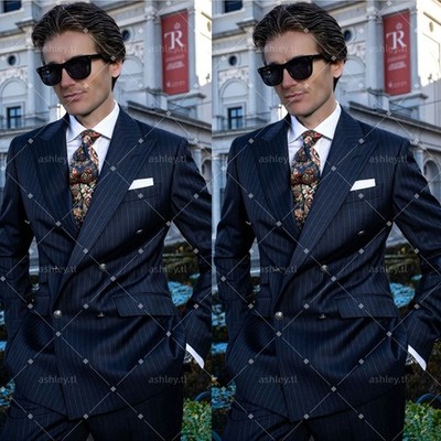 Navy Pinstripe Men's Suits Double Breasted Peak Lapel Wedding Groom Tuxedo 2 Pec