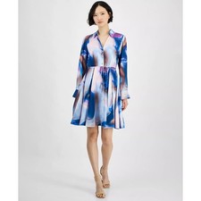 Tahari ASL Womens Spread-Collar Long-Sleeve Dress Indigo Multi 12