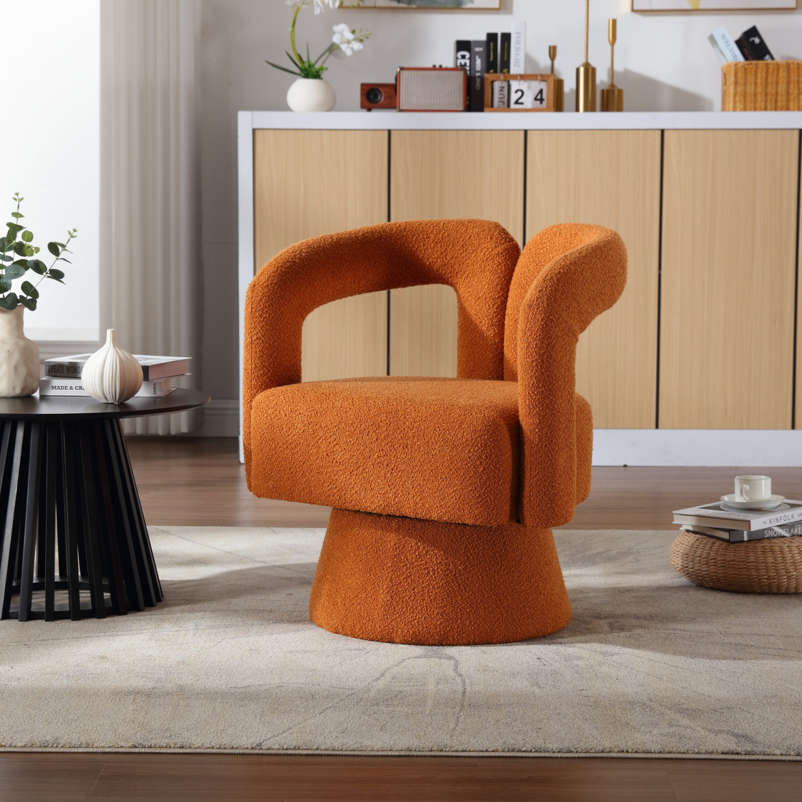 Orange Boucle Swivel Barrel Cuddle Chair
