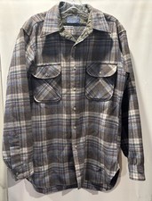 Vintage Pendleton Board Shirt Medium Gray Tan Plaid 100 Virgin Wool Flannel USA