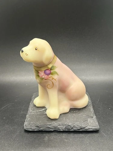 Fenton Burmese Uranium Hand Painted Glass Sitting Dog Figurine Signed J Cutshaw