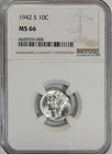 1942-S 10c Uncirculated Mercury Silver Dime NGC MS-66 Luster