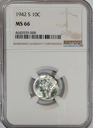 1942-S 10c Uncirculated Mercury Silver Dime NGC MS-66 Luster