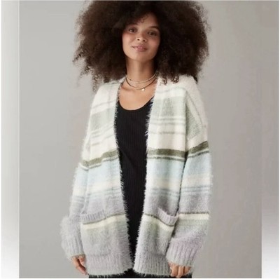 American Eagle Women s Whoa So Cozy Fuzzy Green Stripe Open Cardigan Oversized L