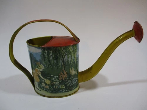Vintage J Chein Tin Litho Child Watering Can Girl Watering Graphics Gooseneck