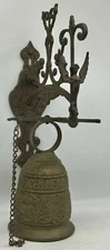 Vtg Brass Wall Mounted Bell Gothic Monestary Pull Bell Dinner Vocem Meam Oui Me
