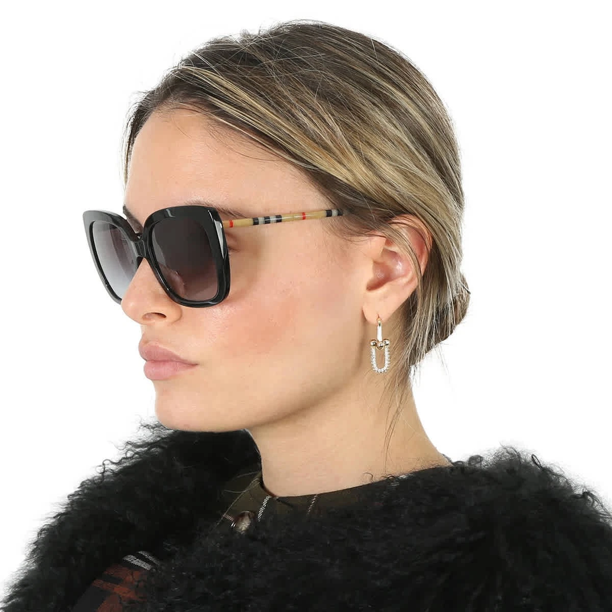 Burberry Womens Black Square‎ Sunglasses B4366-F 3980/T3 55mm Polarized Check Square Sunglasses in Black/beige - Women | Burberry  main image 4