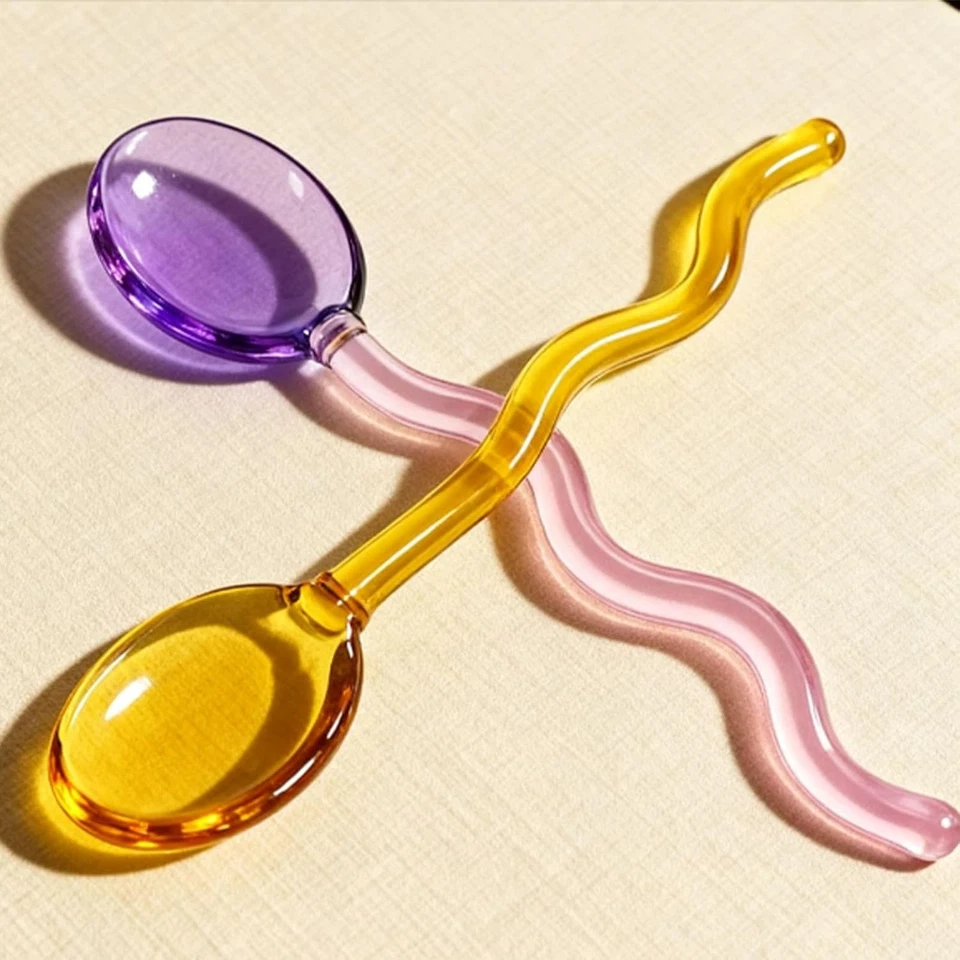 Cuchara ondulada de vidrio, creativa cuchara de postre de vidrio colorido color transparente Foto 4 de 4