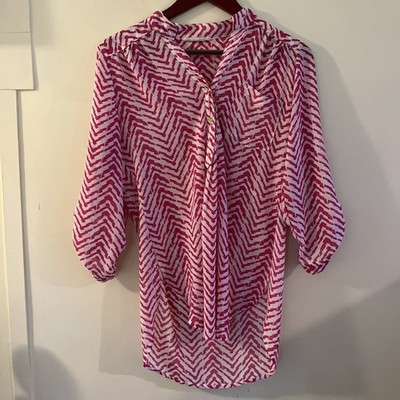  Wishful park Womens Chevron Silk Blouse M  Popover Preppy pink White