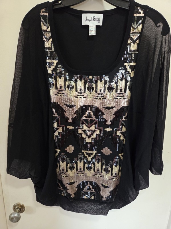 Women's Gorgeous Sequin Black & Gold Sheer Sleeve Joseph Ribkoff Top Size 8