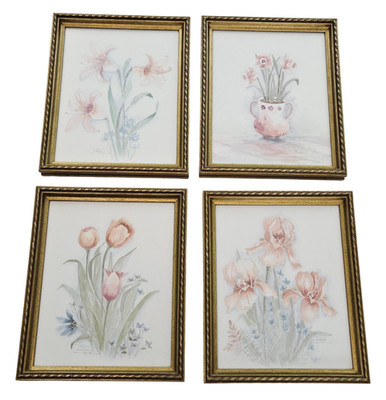 Watercolor By Mary Vincent Bertrand Tulips Iris Lillies Signed & Framed Numbered