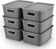 6 Pack Plastic Storage Bins with Lids, Stackable Organizer Baskets Grey