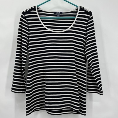 Chaps Women's PL Navy Blue White Striped Shirt Laced Accent Nautical Beach