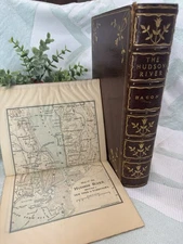 Antique 1902 Hudson River Book –Leather, Fold-Out Maps,100 Illus –Bacon, Putnam