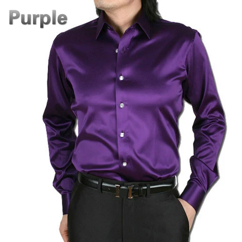 Camicia elegante uomo raso seta manica lunga slim business formale casual top classico - Foto 10 di 25