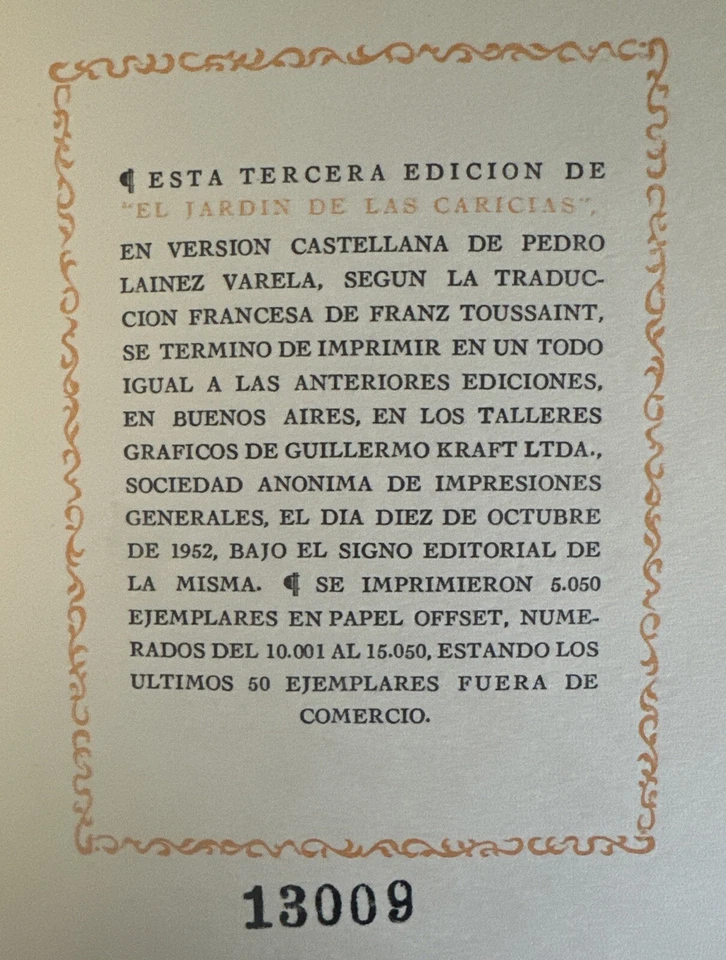 EL JARDIN DE LAS CARICIAS TRANSLATED BY FRANZ TOUSSAINT PEDRO VERELA SIGNED 1952 - Image 2 of 4
