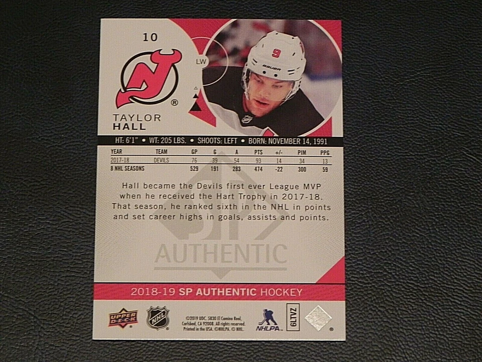 2018-19 18/19 SP Authentic RED 10 Taylor Hall New Jersey Devils - Image 2 of 2