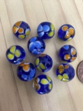 10 BLUE ROUND WITH YELLOW BLUE ORANGE FLOWER LAMPWORK Glass Beads 12mm Jewelry