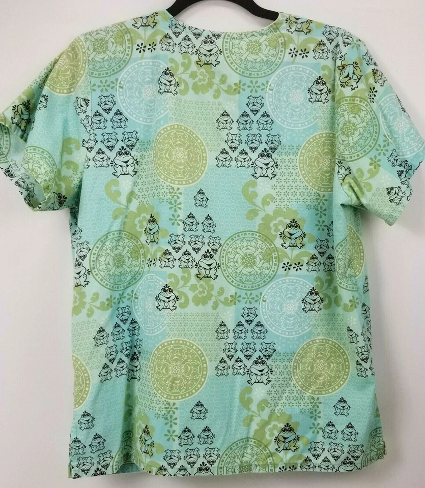 Tafford Womens Scrub Top XS Teal Green Blue Mint Frogs Brown Work Shirt - Image 4 of 4