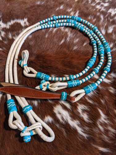 Romel Reins - Braided Natural Rawhide - Leather Popper - Natural & Teal
