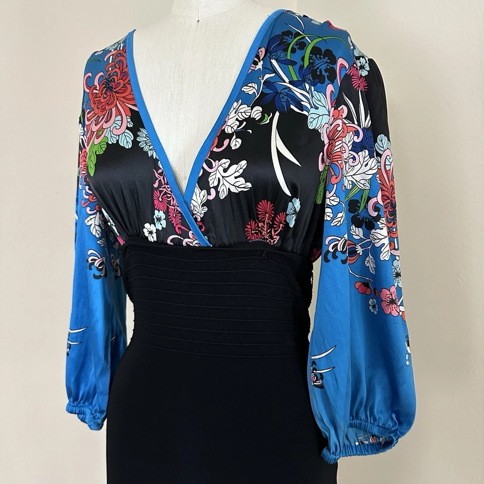 VINTAGE Vestido Bebe Feminino M Bodycon Bainha Seda Floral Mergulho Decote V Top Y2K - Imagem 4 de 4