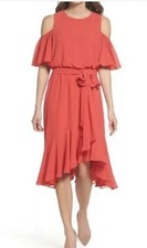 Eliza J Ruffle Cold Shoulder “Poppy” Flowy Spring Dress Red Size 6 Knee Length