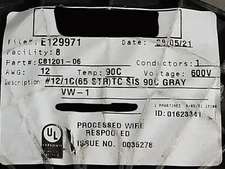 American Wire #12awg 65Str SIS/XHHW-2 XLPE Tinned Copper Hook-Up Wire Gray /50ft