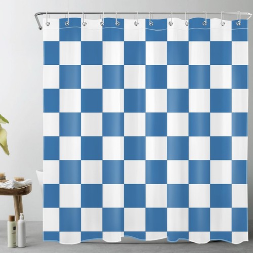 Blue and White Checkered Shower Curtain for Bathroom Aesthetic Checked Grid P...
