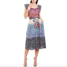 JULIA JORDAN JJ37939 A-Line Tie Waist Belt Multicolor Dot Midi Dress Size 8 NEW
