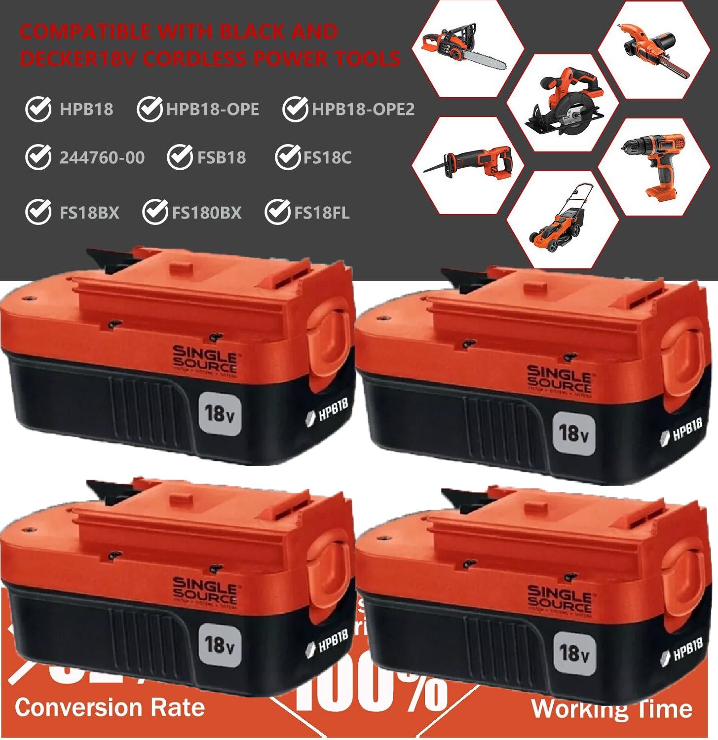 4Pack Black Decker HPB18 18V 4.8Ah Battery HPB18-OPE 244760-00 Compatible