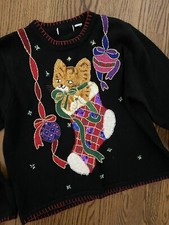 Vtg Over The Top Crazy Busy Ugly Christmas Sweater Sequin Cat In Stocking XL