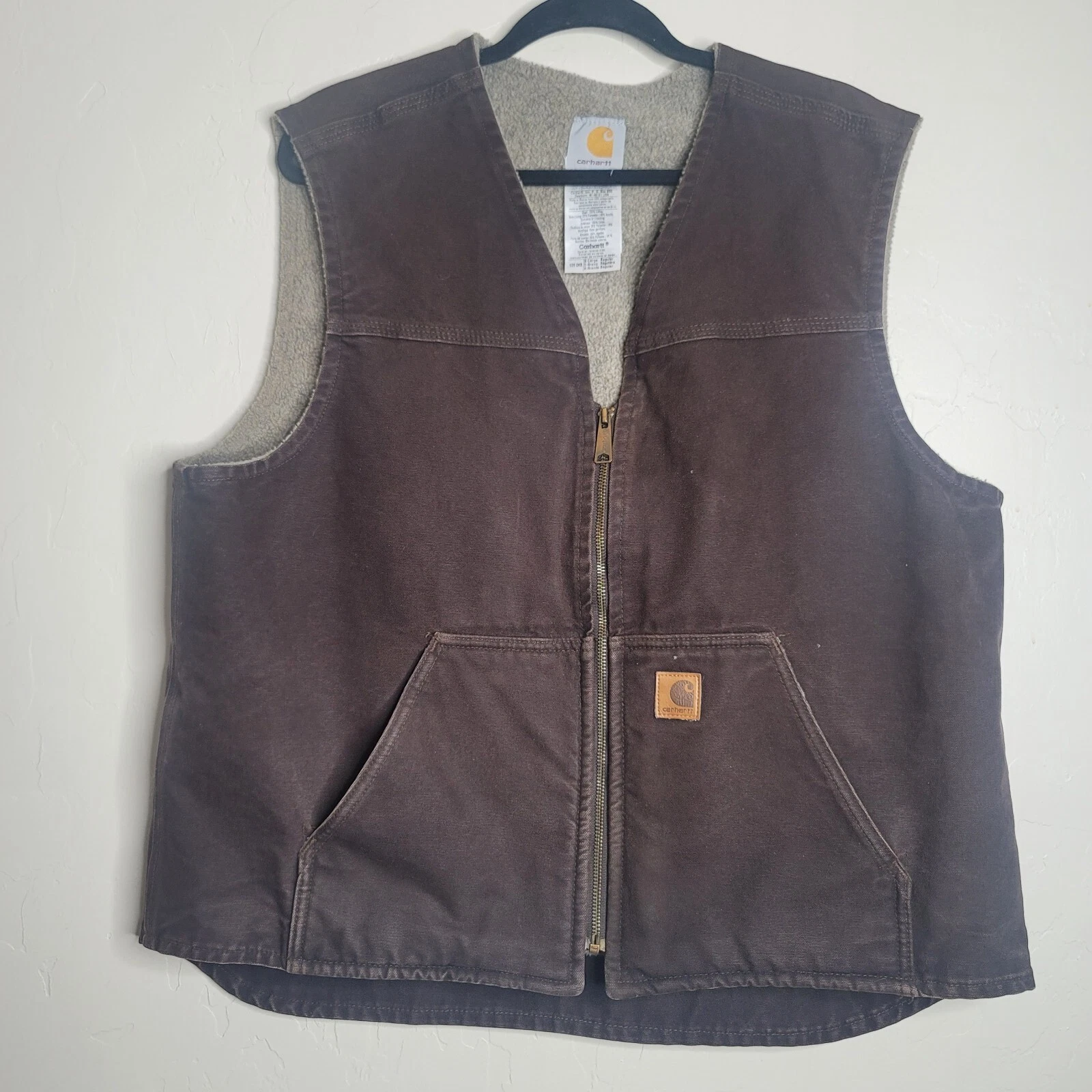 Men's Carhartt Vest Brown Canvas Denim XL Zip Front Fleece Lined
