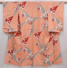 6106T09z700 Antique Japanese Kimono Silk KOMON Flowers Peach