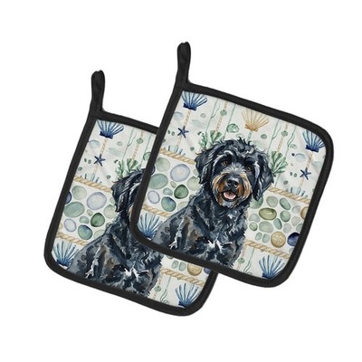 Caroline's Treasures Black Portuguese Water Dog Coastal Sea Glass Potholders