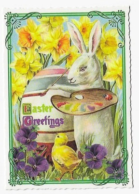 Postcard Glitter Tausendschoen Easter Greetings Rabbit Painting Egg Postcrossing